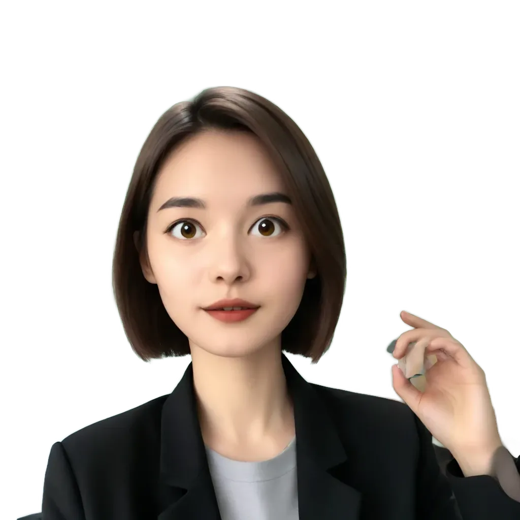 A woman with a black shirt is pointing her finger.