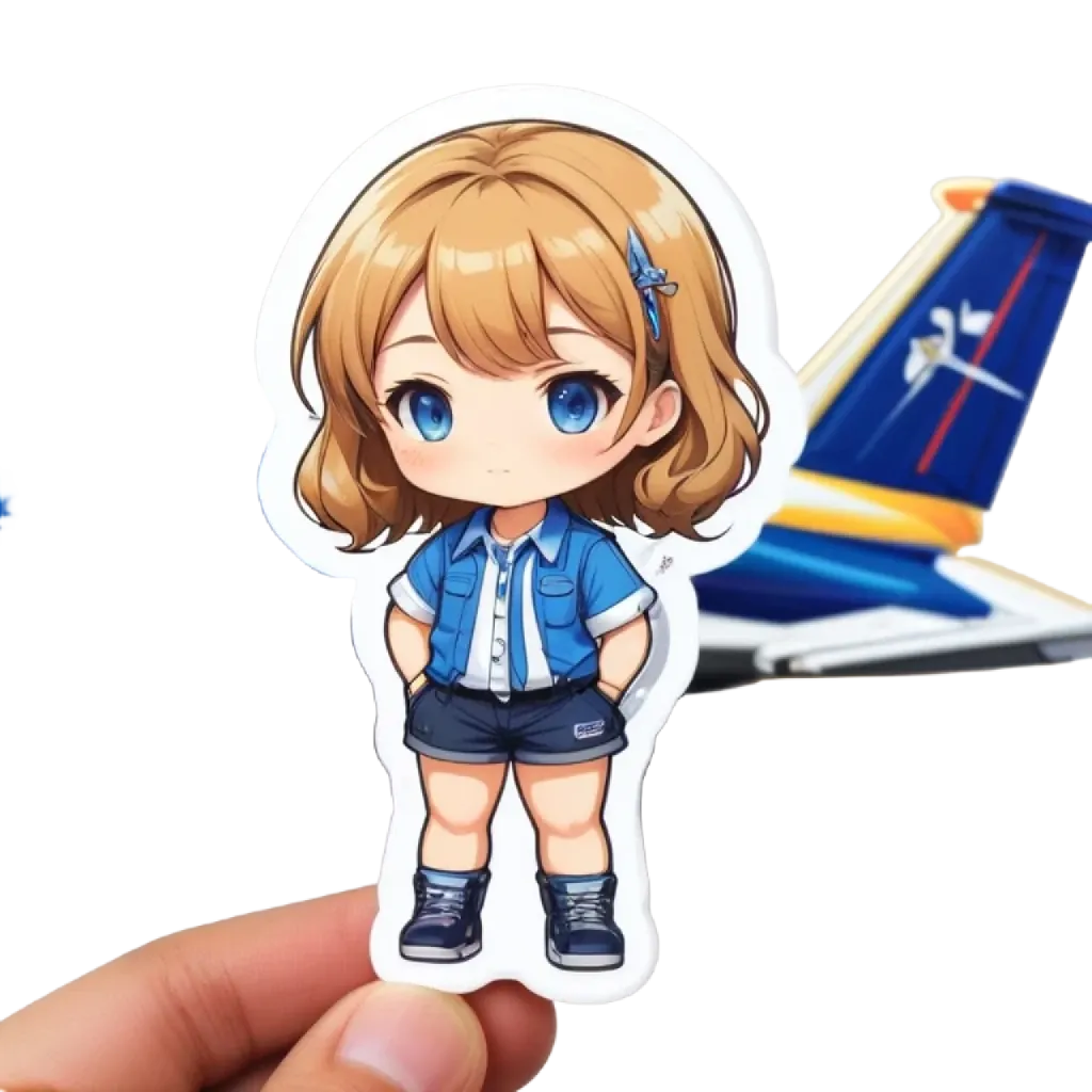A blue and white airplane with a girl in a blue shirt standing in front of it.