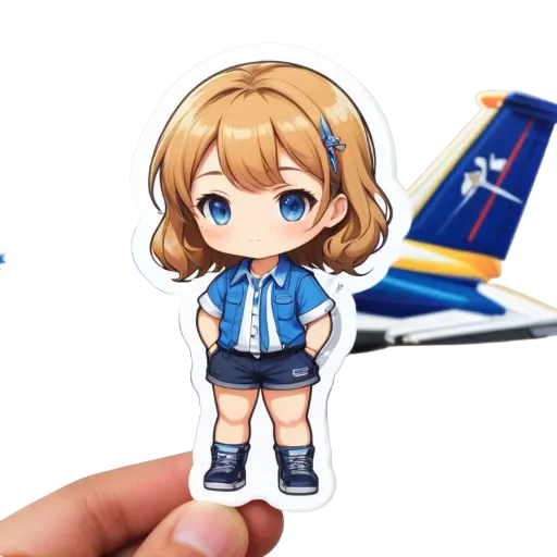 A blue and white airplane with a girl in a blue shirt standing in front of it.