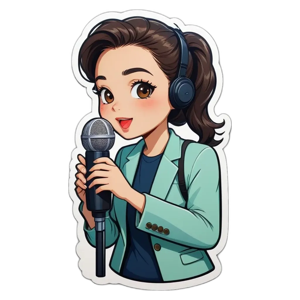 A girl with a microphone wearing headphones.