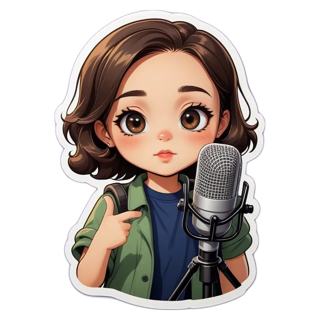 A girl pointing to a microphone is in a black and white background.