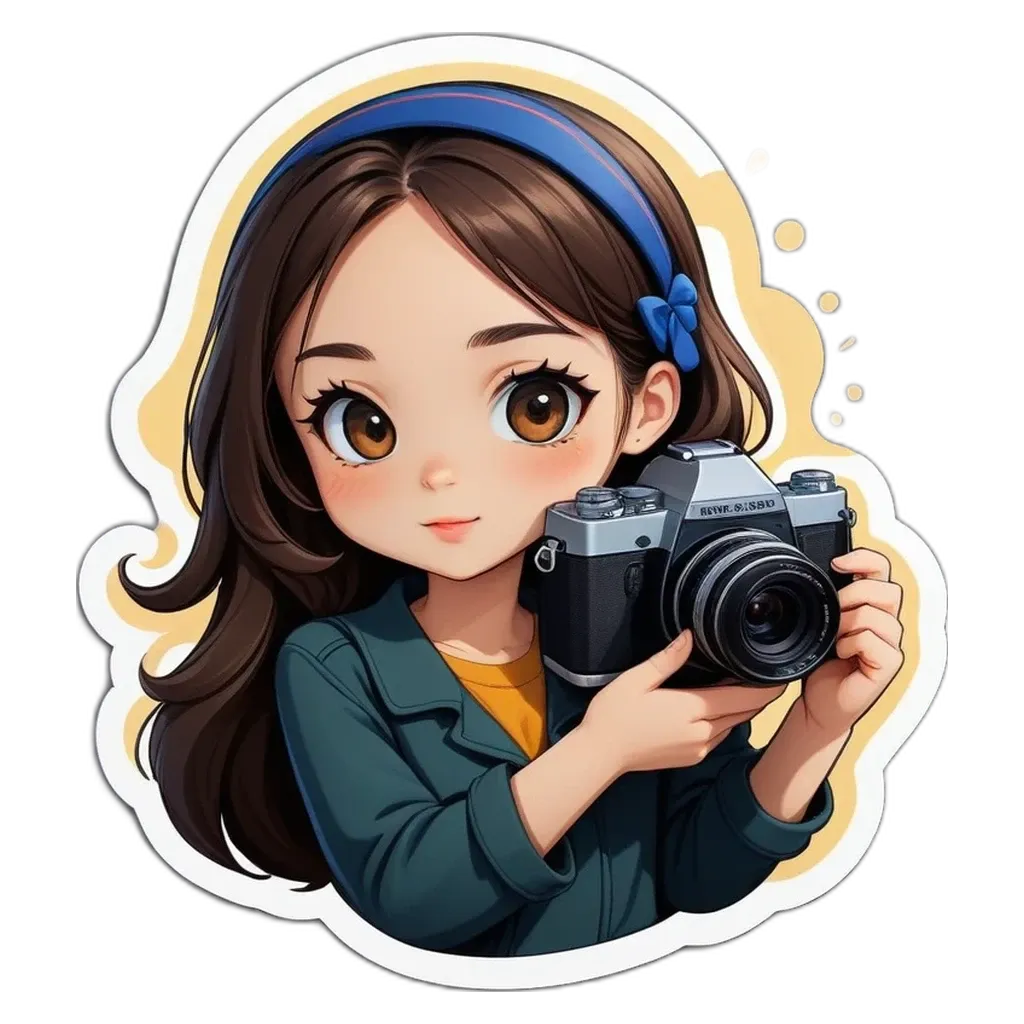 A girl holding a camera with a sticker that says "this is a picture of".