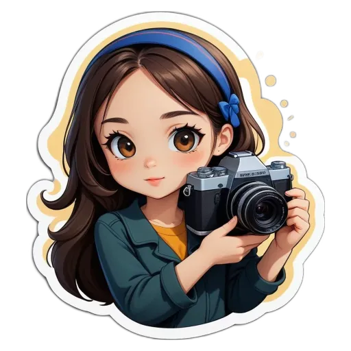 A girl holding a camera with a sticker that says "this is a picture of".
