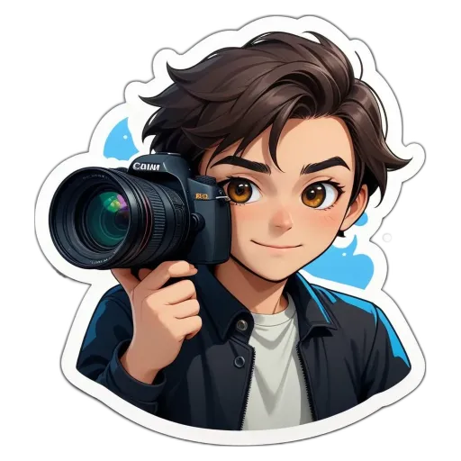 A boy holding a camera is in the center of a sticker.