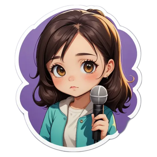 A girl holding a microphone in a circle with a background.