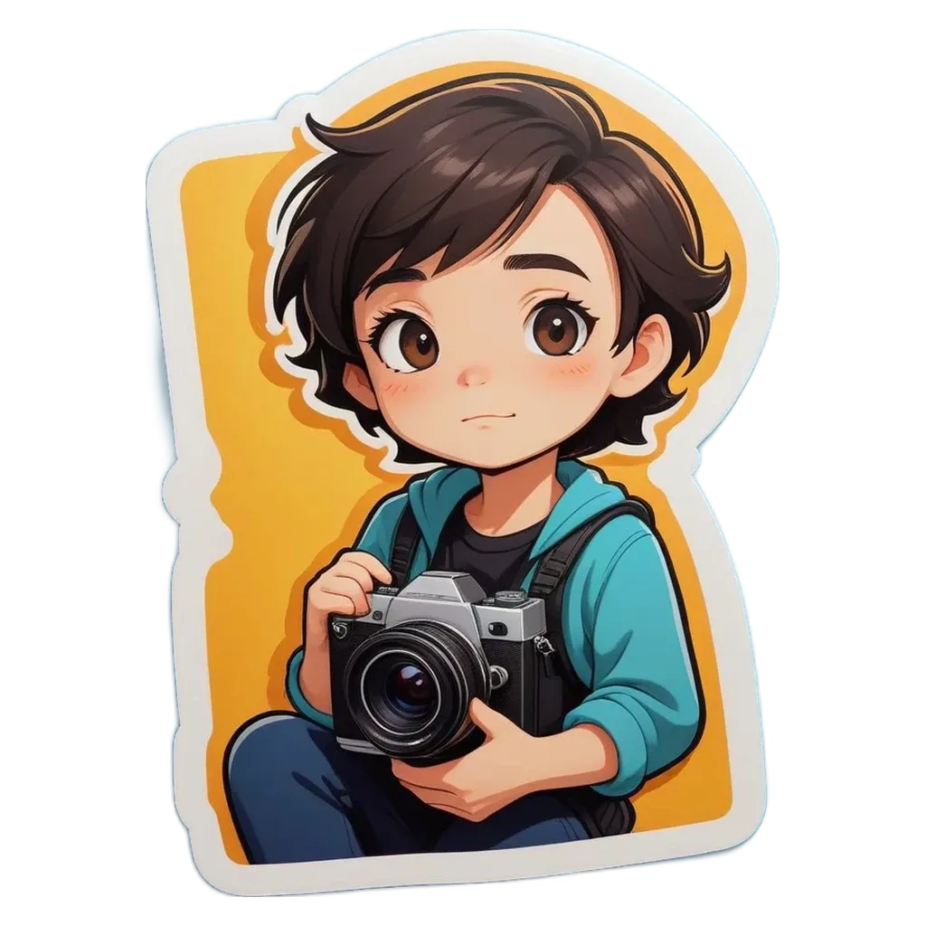 A boy with a camera that is on.