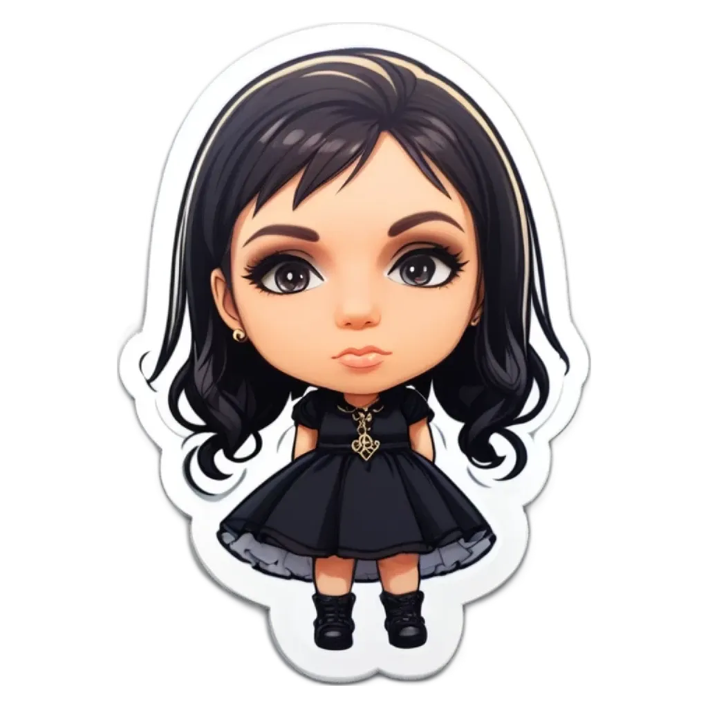 A girl with black hair and a black dress that has the number 2 on it.
