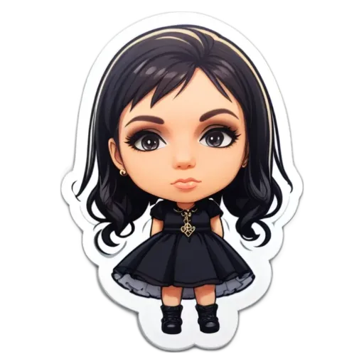 A girl with black hair and a black dress that has the number 2 on it.