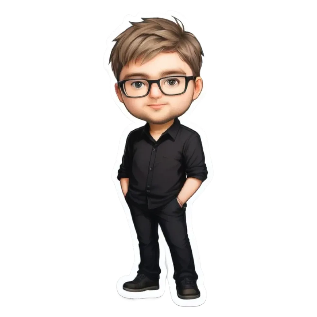 A boy wearing black glasses stands with his hands in his pockets.