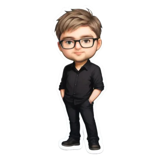A boy wearing black glasses stands with his hands in his pockets.