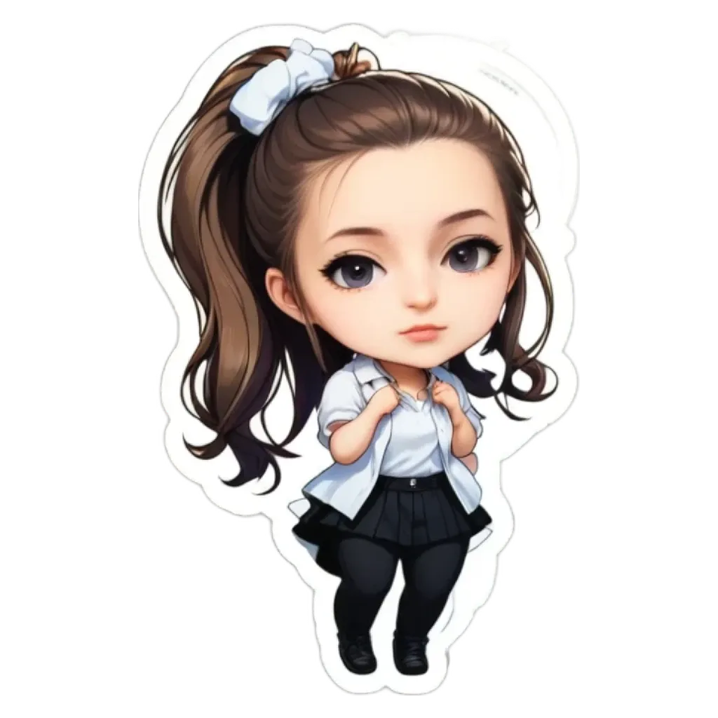 A girl with a ponytail is wearing a white and black outfit.