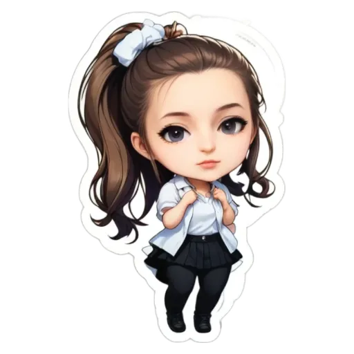 A girl with a ponytail is wearing a white and black outfit.