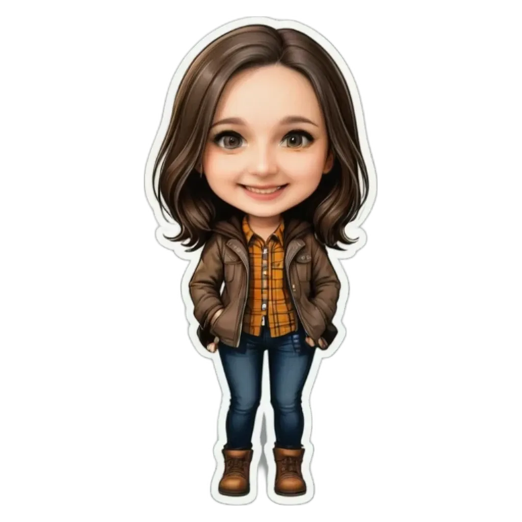 A sticker of a girl that is wearing a brown jacket and boots.
