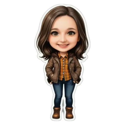 A sticker of a girl that is wearing a brown jacket and boots.