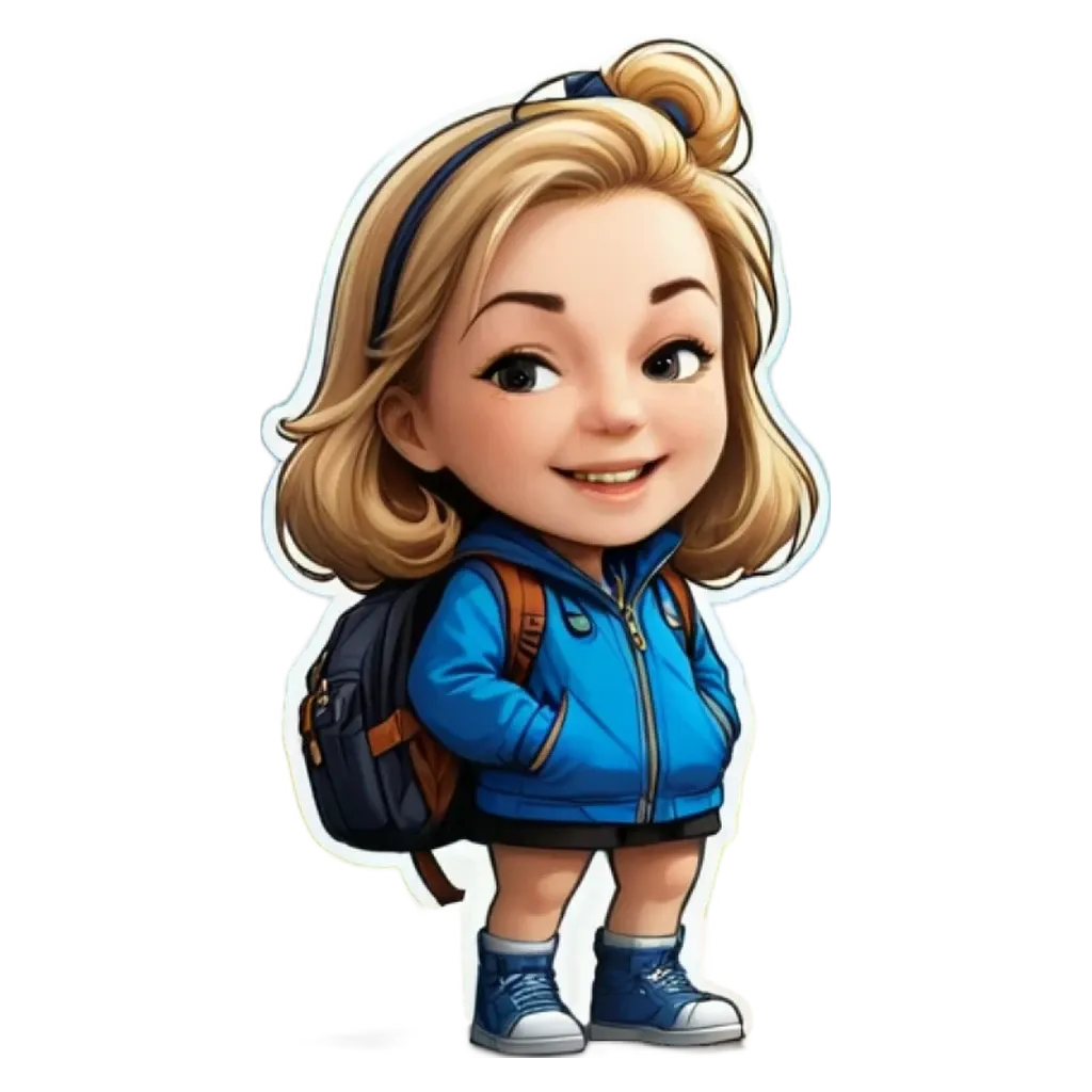A girl wearing a blue jacket with a backpack standing in front of a white background.