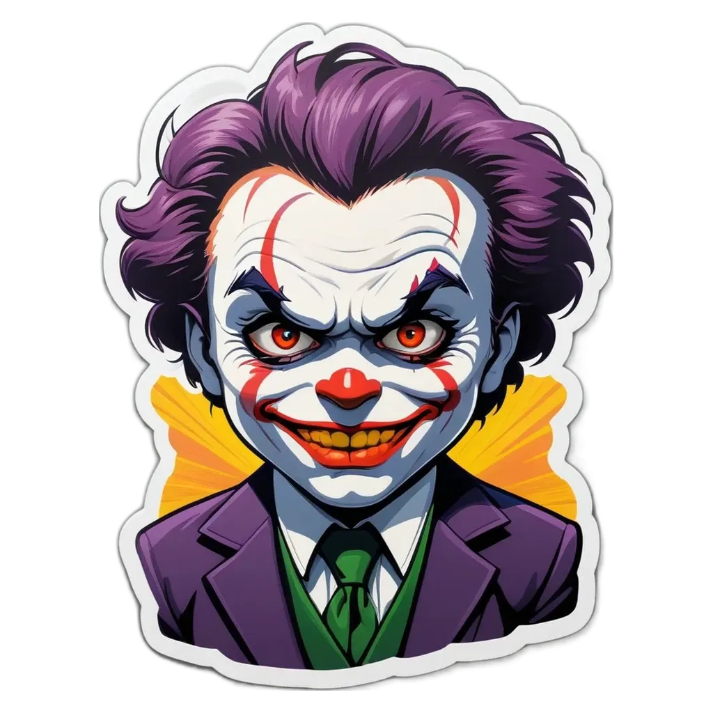 A sticker of a joker wearing a purple suit and green tie.