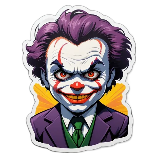 A sticker of a joker wearing a purple suit and green tie.