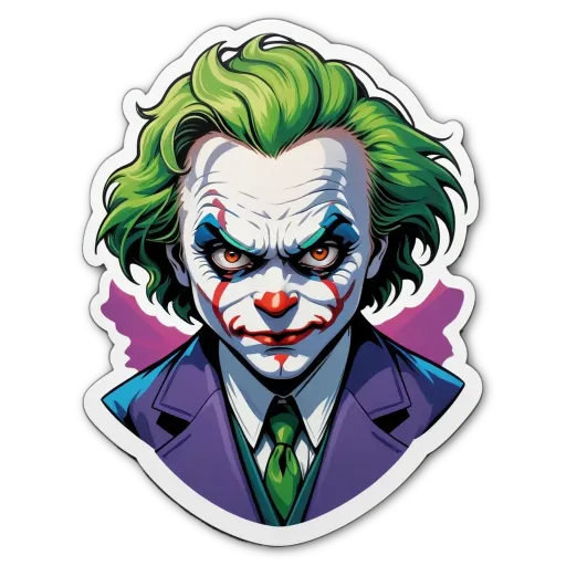 A sticker of a joker man with a purple suit and green tie.