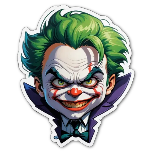 A sticker of a joker man's face with green eyes and red lips.