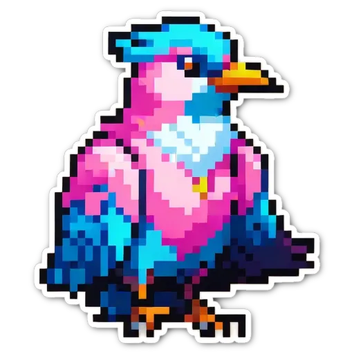 A bird is depicted in a digital art piece with blue and pink colors.