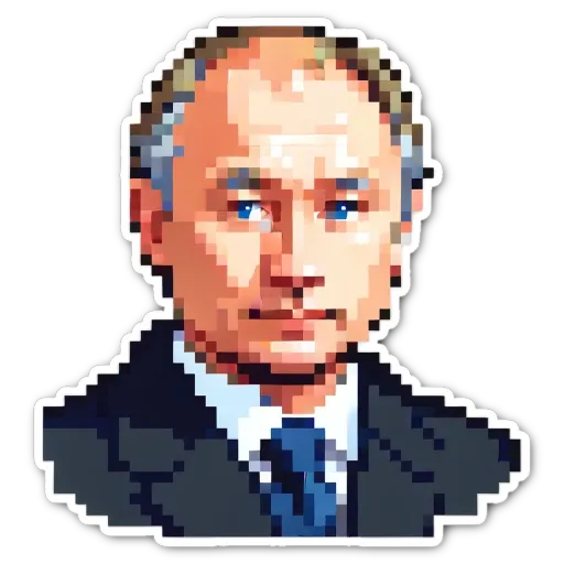 A man with a blue tie and a black jacket with the words Putin that is pixelated.