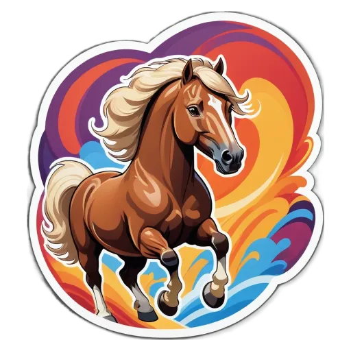 A colorful horse with a black nose is running in a rainbow.