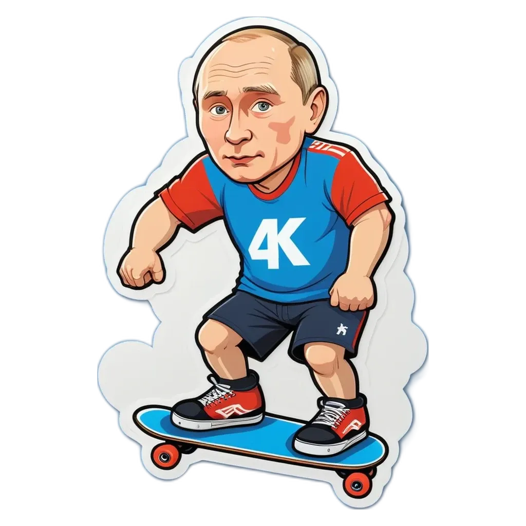 A sticker of a man on a skateboard wearing blue and red.