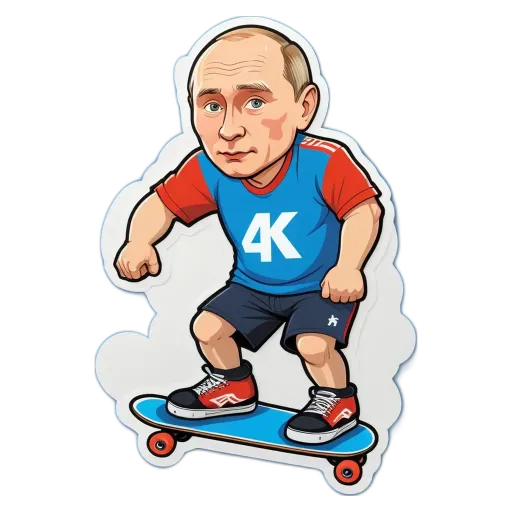 A sticker of a man on a skateboard wearing blue and red.