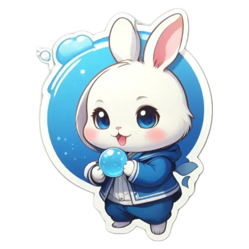 A bunny is holding a blue and yellow glass in its paws.