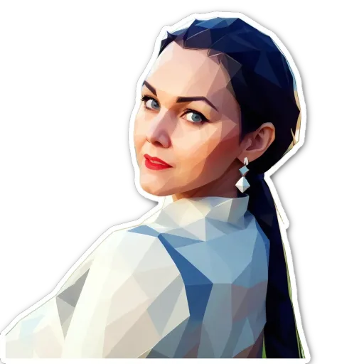 A woman with a triangle for a face has a ponytail.