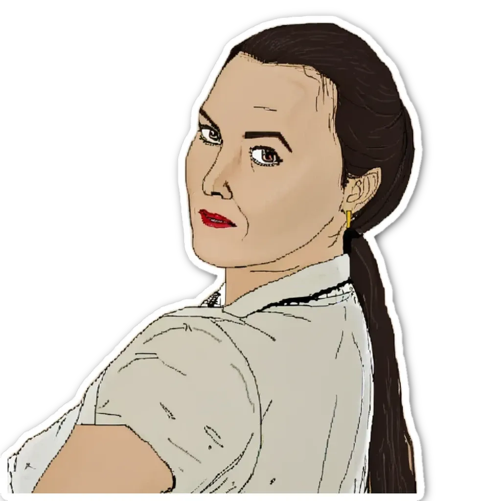 A woman with red lipstick is wearing a white shirt and a black tie.