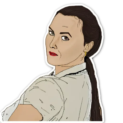 A woman with red lipstick is wearing a white shirt and a black tie.