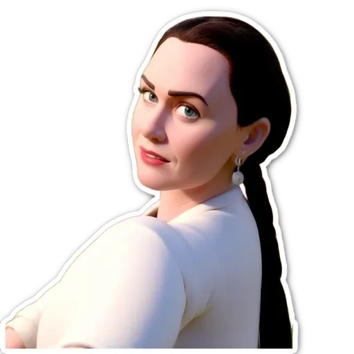A white woman with green eyes stands against a black background.