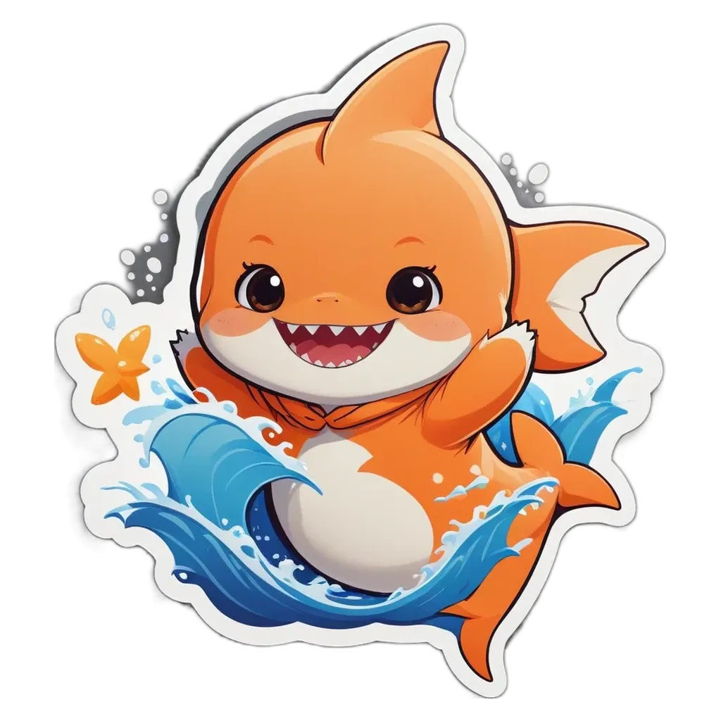 A cartoonish picture of a shark that is smiling and has a star on its face.