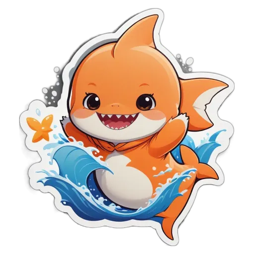 A cartoonish picture of a shark that is smiling and has a star on its face.