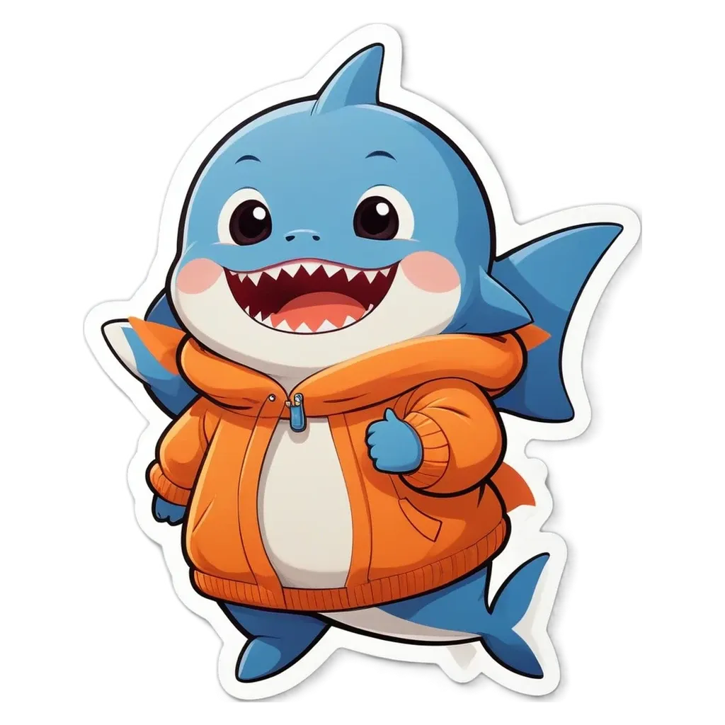 A blue and white shark wearing an orange jacket.