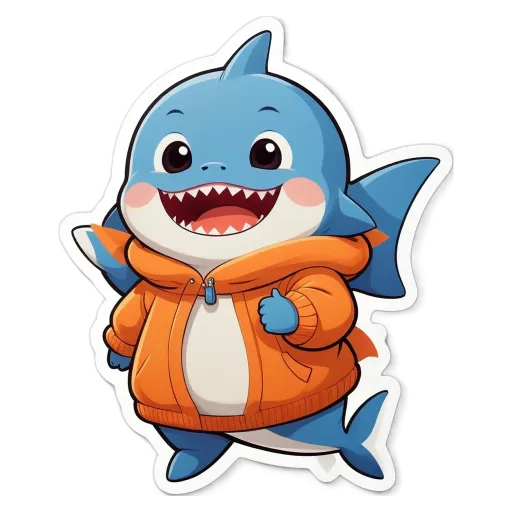 A blue and white shark wearing an orange jacket.