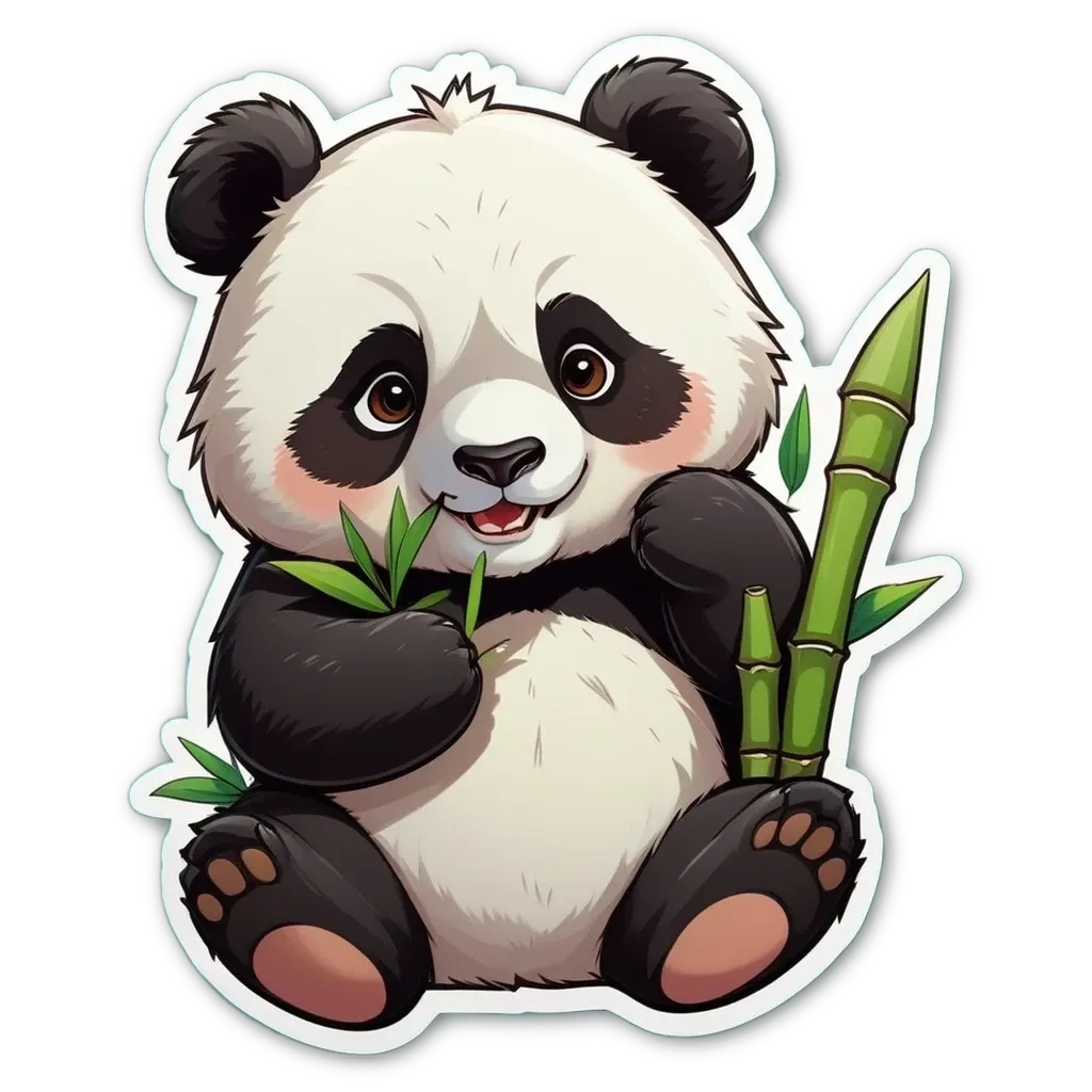 A panda bear holding a plant in its right hand.