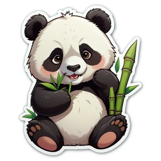 A panda bear holding a plant in its right hand.