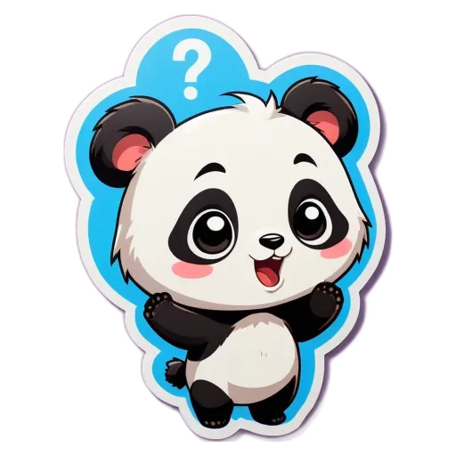 A panda bear with a blue background and black ears holding a question mark.