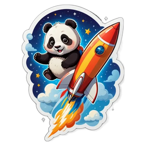 A panda bear with a rocket ship flying by its paws.