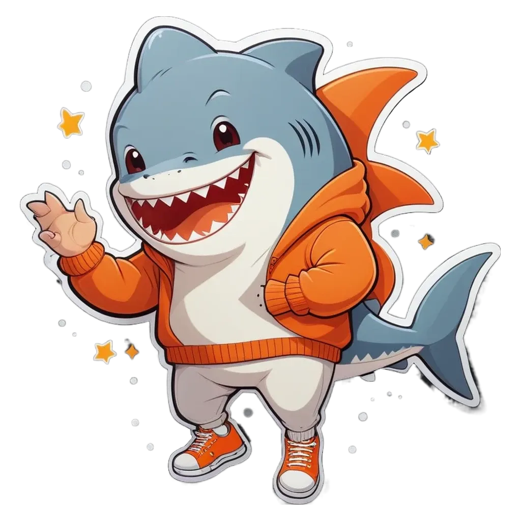 A shark that is wearing a orange jacket and standing on a black background.