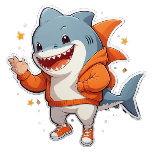 A shark that is wearing a orange jacket and standing on a black background.