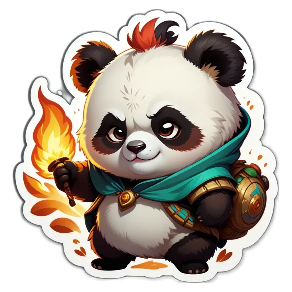 A panda bear with a backpack and holding a torch.
