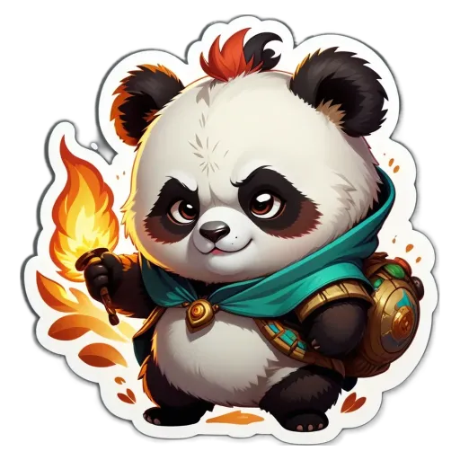 A panda bear with a backpack and holding a torch.