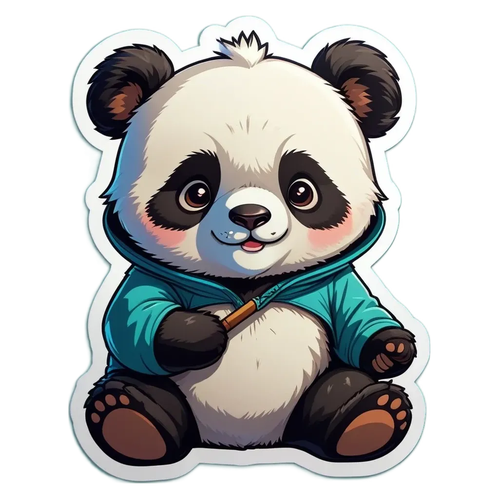 A panda bear wearing a blue jacket and holding a stick in his paws.