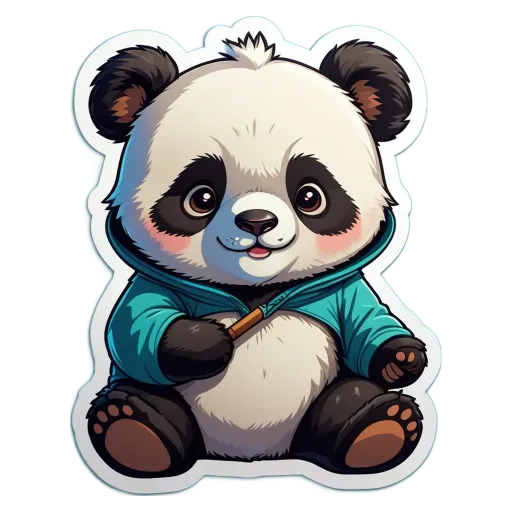 A panda bear wearing a blue jacket and holding a stick in his paws.