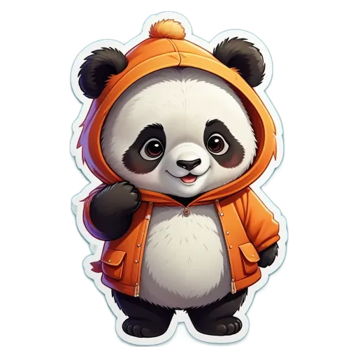 A panda wearing an orange jacket is standing up.
