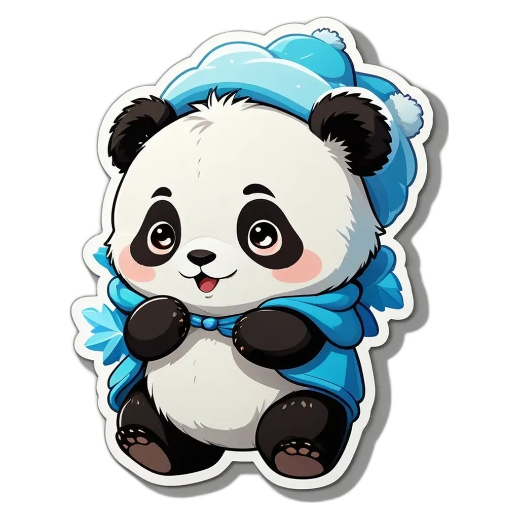 A panda bear with a blue hat is holding its paw up.