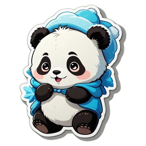 A panda bear with a blue hat is holding its paw up.